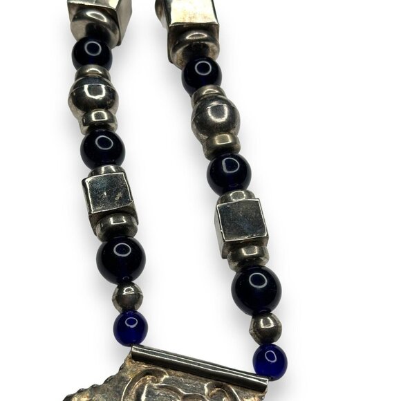 Vintage Tribal Silver Tone Statement Necklace Elephant Pendant Blue Beads 28in - Picture 8 of 12